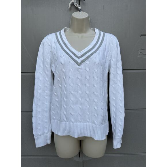 Ralph Lauren L-RL Women’s Cable Knit Sweater White Cotton V Neck Preppy Tennis L - Picture 2 of 10